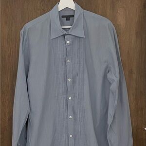 John Varvatos men’s blue striped pleated French cuff dress shirt, size L preppy
